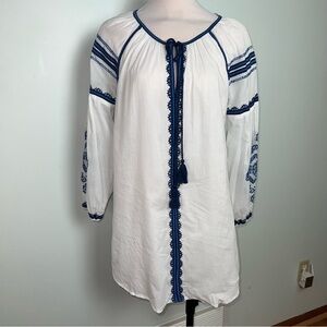 Blue Island White Blue Embroidered Cotton Swim Cover Tassel Boho Beach Tunic M